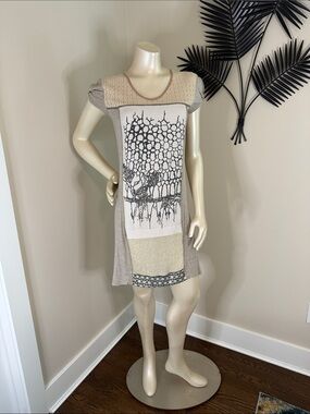 Beige Patterned Short Sleeve Panel T-Shirt Dress